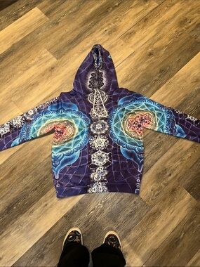 Psychedelic hoodie sweatshirt- blue, purple, with front pouch.